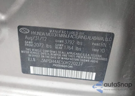 2013 Hyundai Elantra Limited from USA, damaged, VIN 5NPDH4AE5DH220237